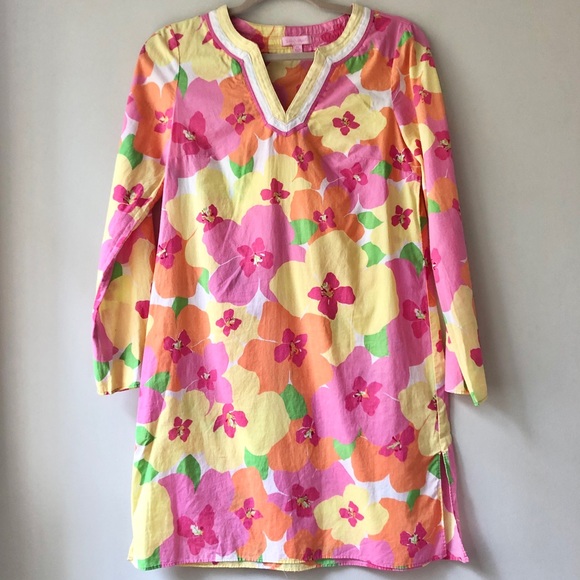Lilly Pulitzer Dresses & Skirts - Lilly Pulitzer | Pink and Yellow Elina Tunic Coverup Tropical Floral Dress